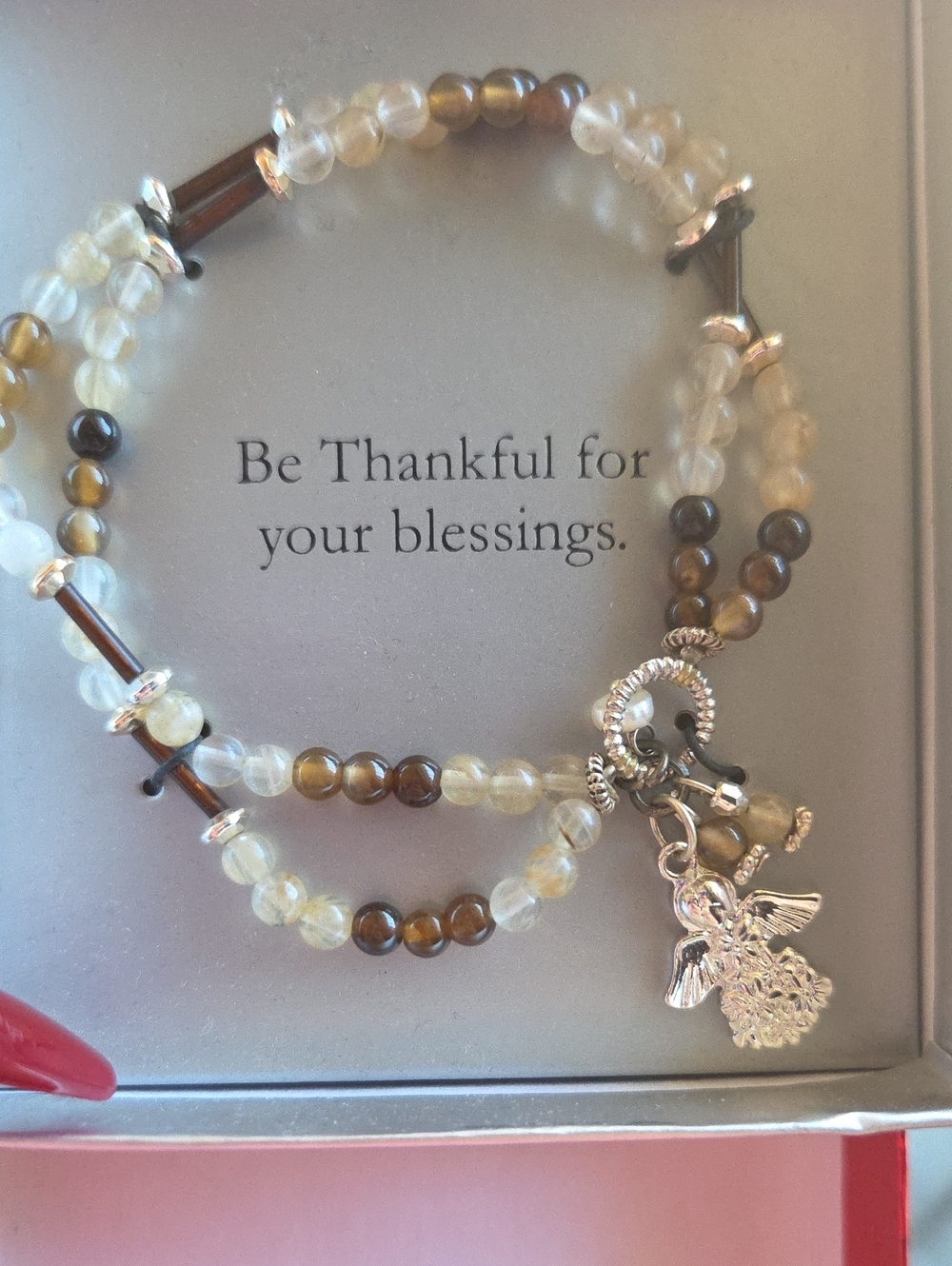 Source Unknown Brown & Cream Beaded Angel Charm Bracelet